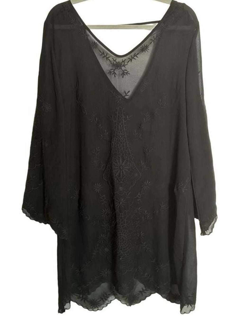ASTR Black Sheer Embroidered V-Neck Bell Sleeve Mini Dress coverup